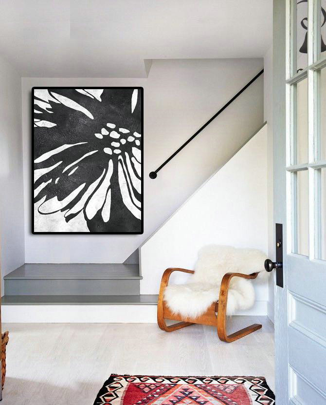 Extra Large Acrylic Painting On Canvas,Hand-Painted Black And White Minimal Painting On Canvas,Extra Large Artwork
